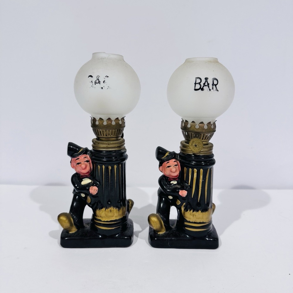 Pair Of Vintage Good Time Charlie Chaplin Tabletop Oil Lamp Post‎ Bar Figurines